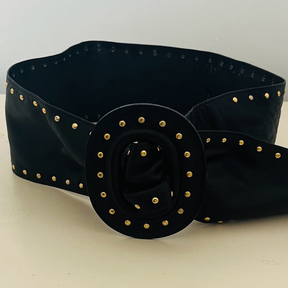Vintage Wide Black Leather Studded Belt, Small/X-small